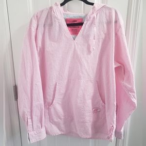 TURNROWS pink Stripe Hooded Cotton Shirt Sz L Long Sleeve Pull Over Spring Sumer